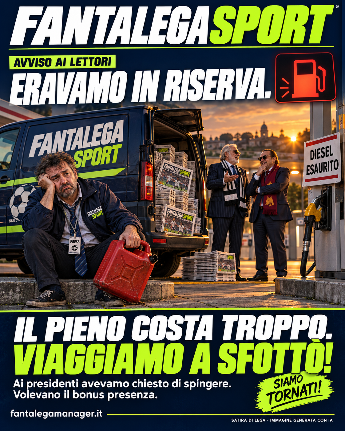 Il furgone di Fantalega Sport senza Diesel: viaggiamo a sfottò. Scena satirica generata con IA.
